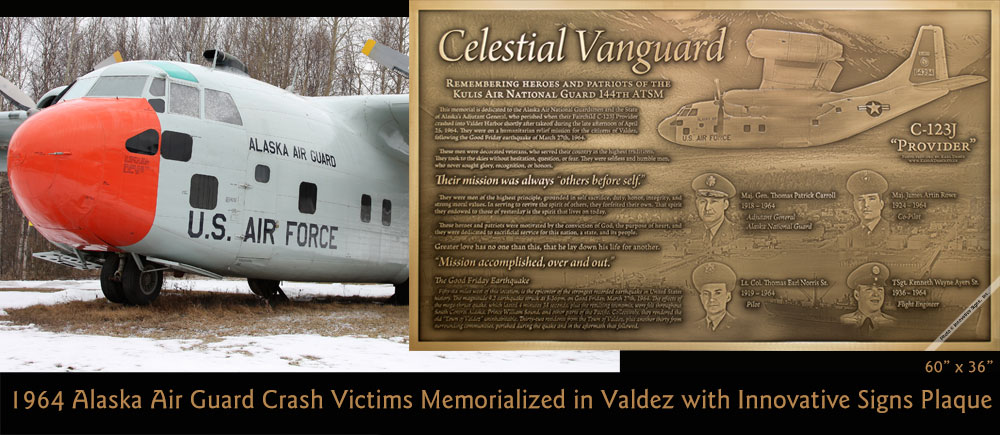 The City of Valdez, Alaska memorialized the 1964 Alaska Air Guard crash victims, who perished while on a relief mission for earthquake survivors, with this 60x36 machine engraved bronze plaque with 3D PhotoRelief graphics.